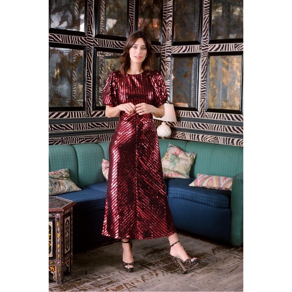 RIXO x Laura Jackson Daisy Velvet Trimmed Sequin Crepe Midi Maxi Dress S - Picture 6 of 15